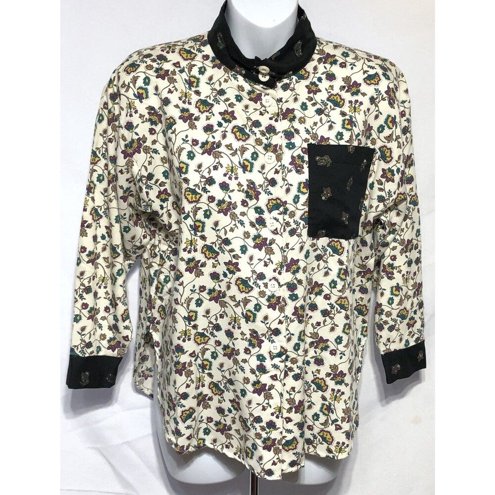 Vintage EJ Gitano top L ivory/purple floral button up mock neck 80s retro